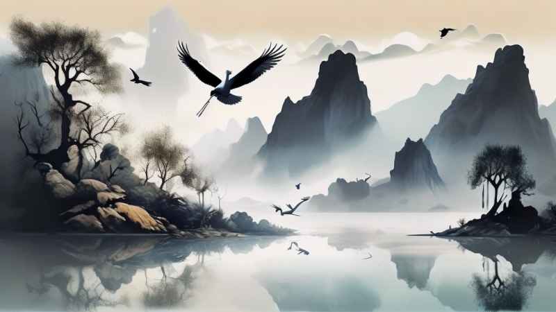 国风山水鹤插画背景 9