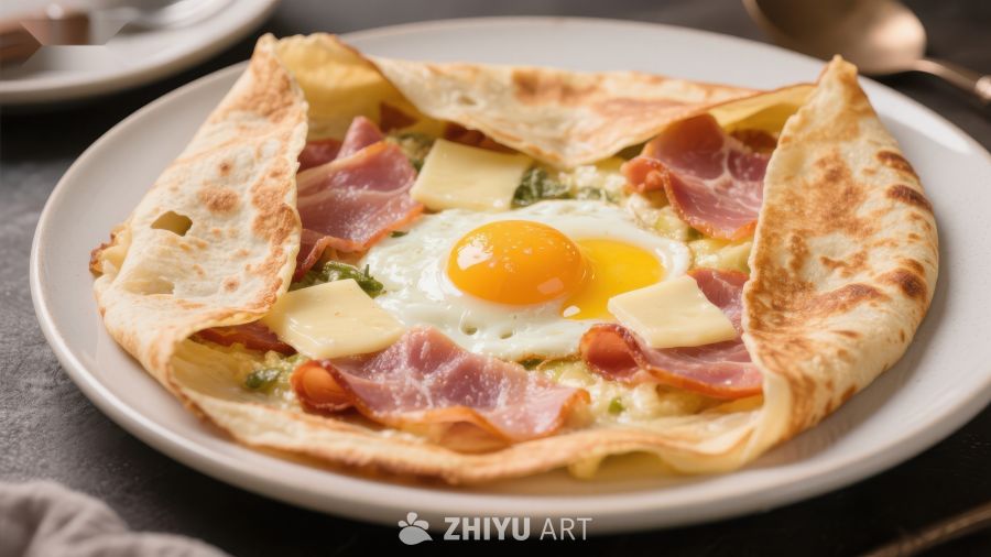 煎饼配煎蛋和火腿