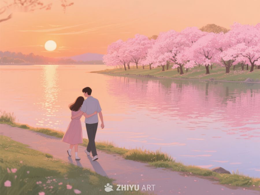 湖畔樱花下的情侣漫步 314