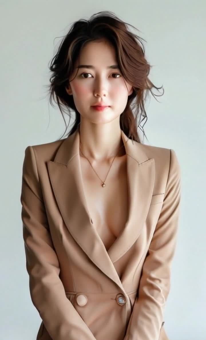 一位年轻女性出现在画面中，她直视镜头。她留着棕色的