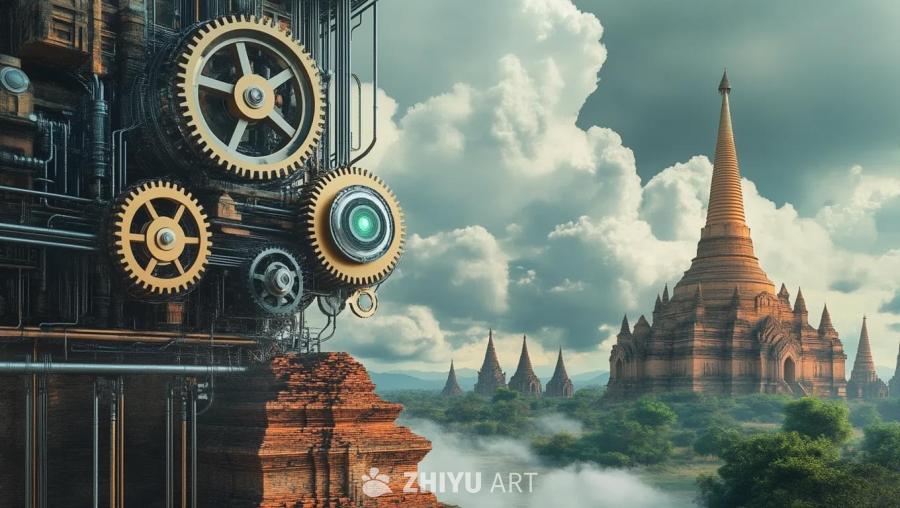 古代蒲甘的景观中，融合了生物机械和机械齿轮以及工业