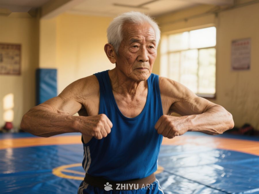 老年拳击手在健身房训练 316