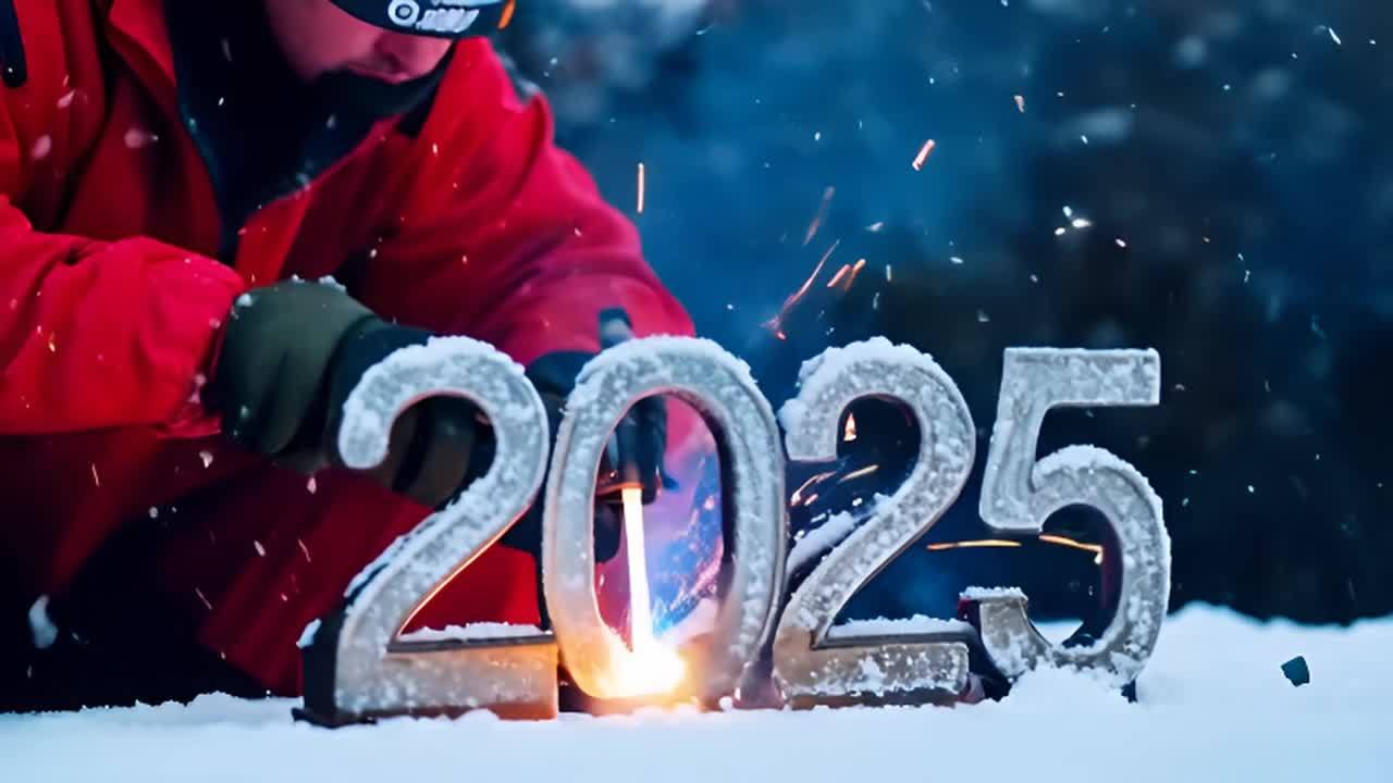 一个身穿红色工作服的人正在焊接3D金属数字2025