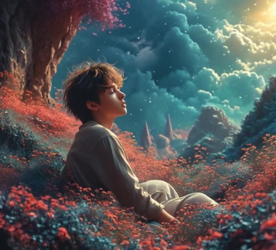 一位年轻男子闭着眼睛坐在红色花朵覆盖的斜坡上。背景