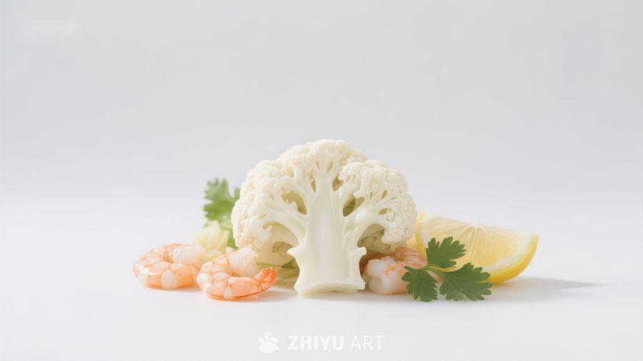 新鲜花椰菜配虾仁与柠檬