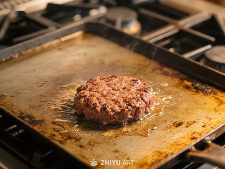 煎锅上的牛肉饼正在烹饪