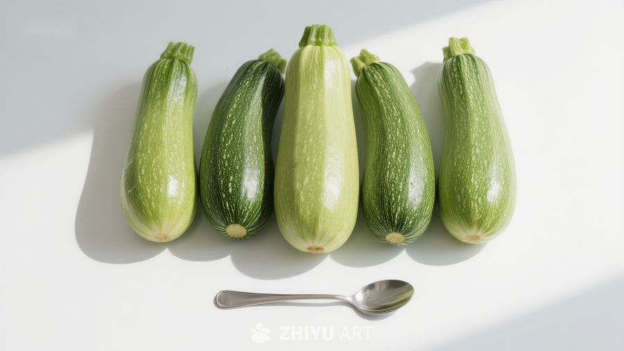 五根青翠的西葫芦与一把小勺