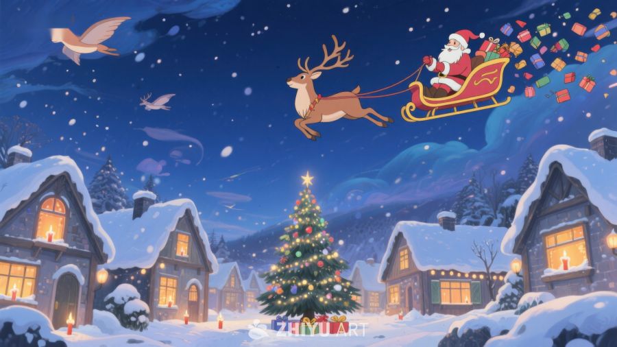 圣诞夜雪景：驯鹿拉着雪橇飞过村庄 210