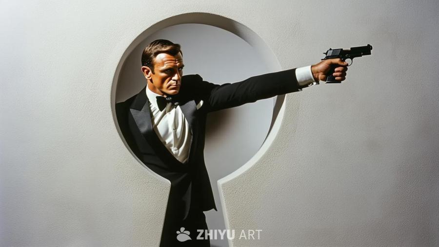 一个穿着燕尾服的男人站在一个钥匙孔里，手里拿着手枪