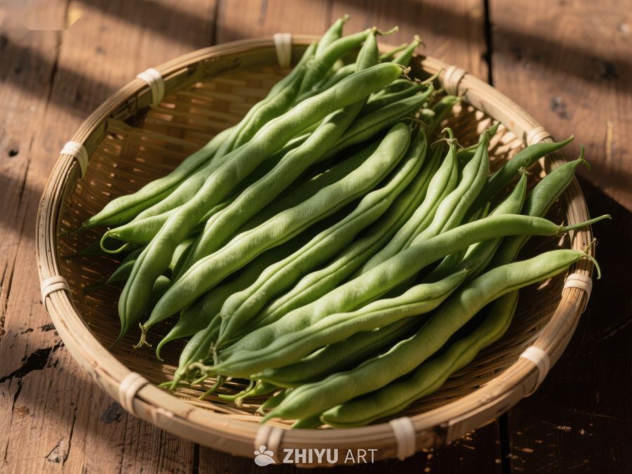 新鲜四季豆置于竹篮中 330
