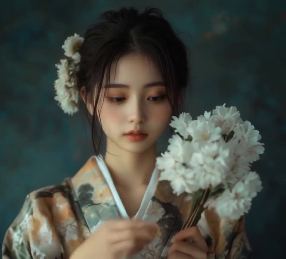 和服少女手持白花深色背景