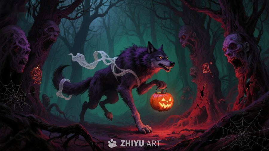 狼人提着南瓜灯在幽暗森林中