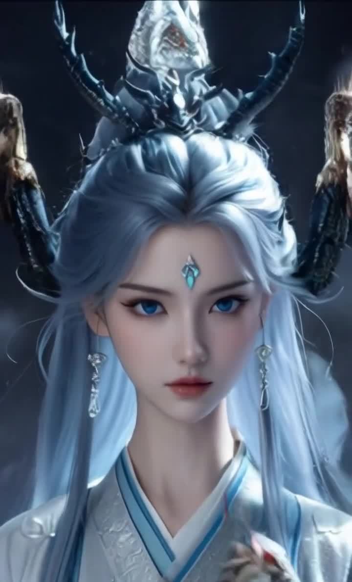 银发龙角少女，蓝色宝石，古风装束，云雾背景。