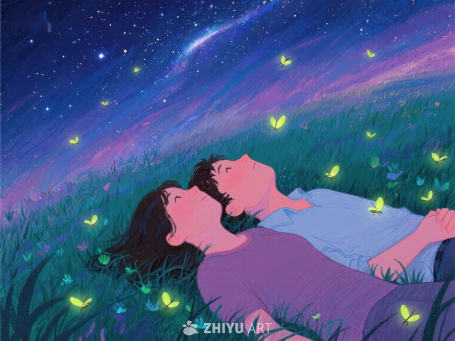 夜空下草地上仰望星空的两人 943