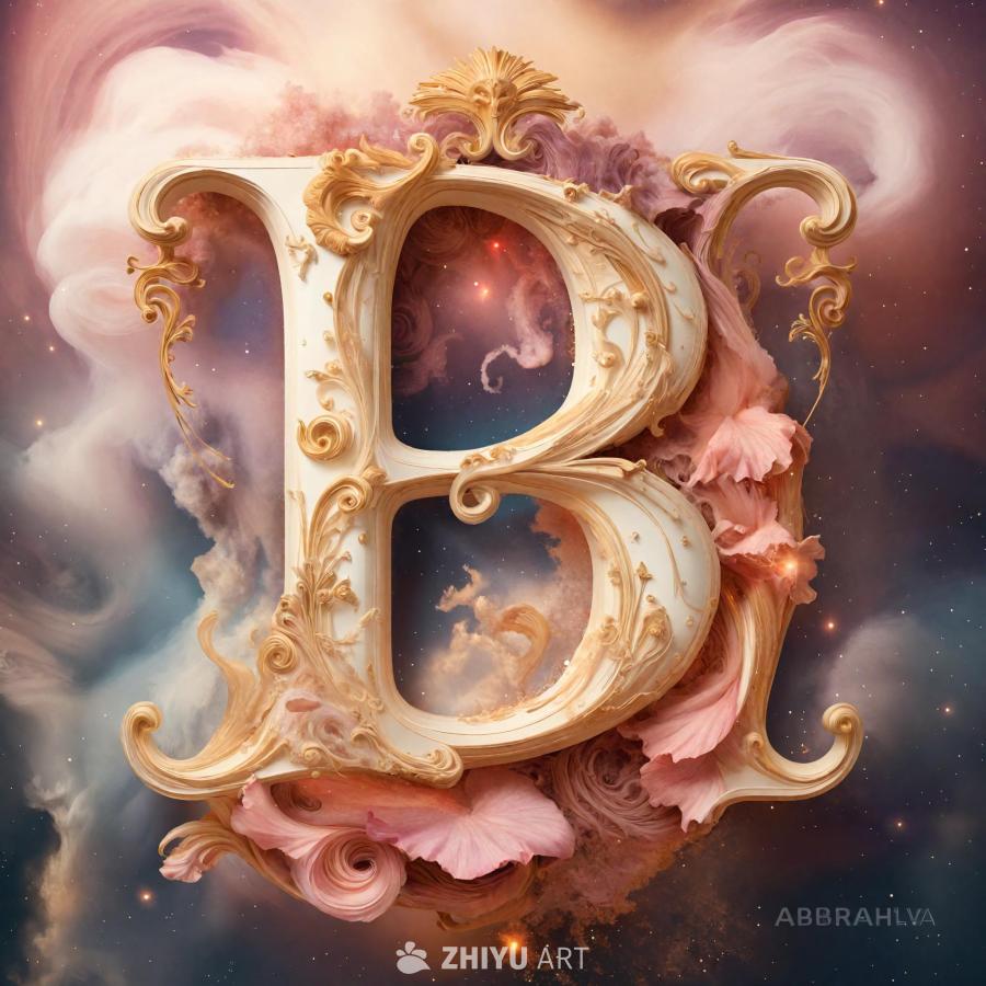 一个装饰华丽的白色字母B，背景是旋转的宇宙星云。字