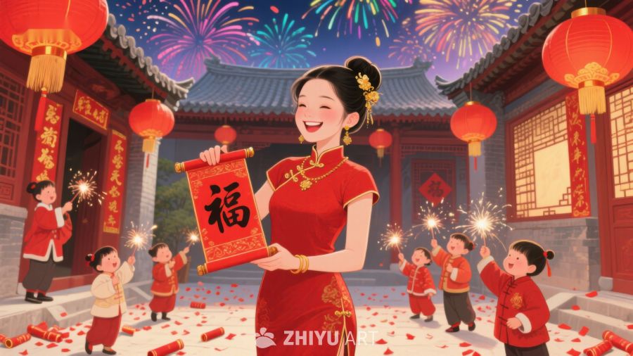 欢庆春节，女子手持福字与孩童共度佳节 368