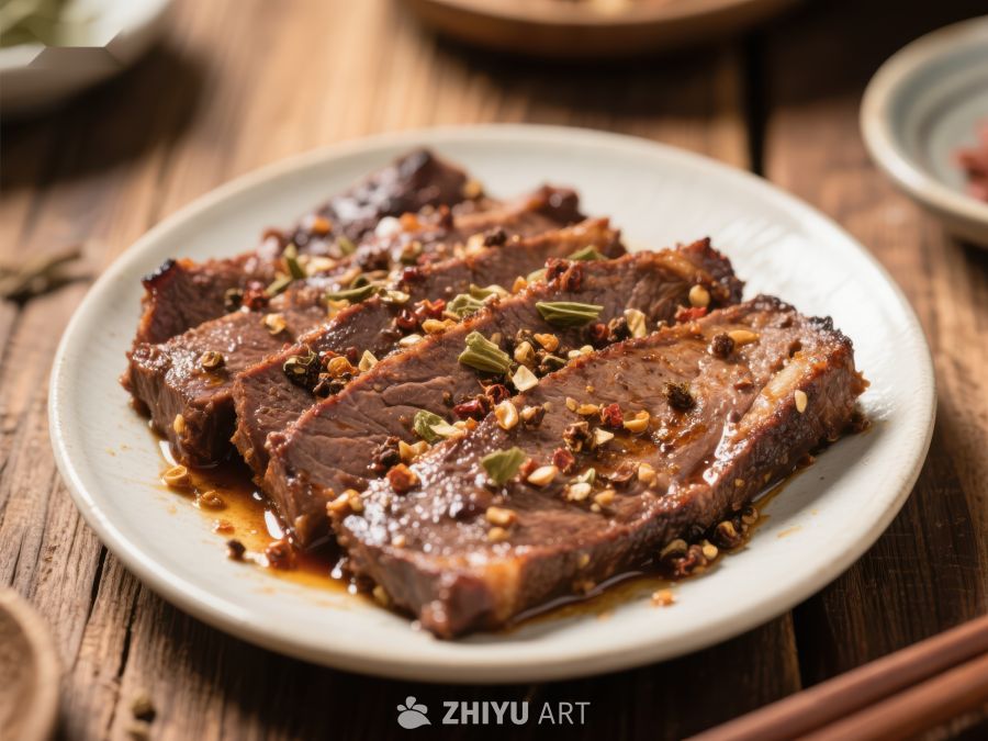 香辣牛肉片，撒上芝麻与葱花