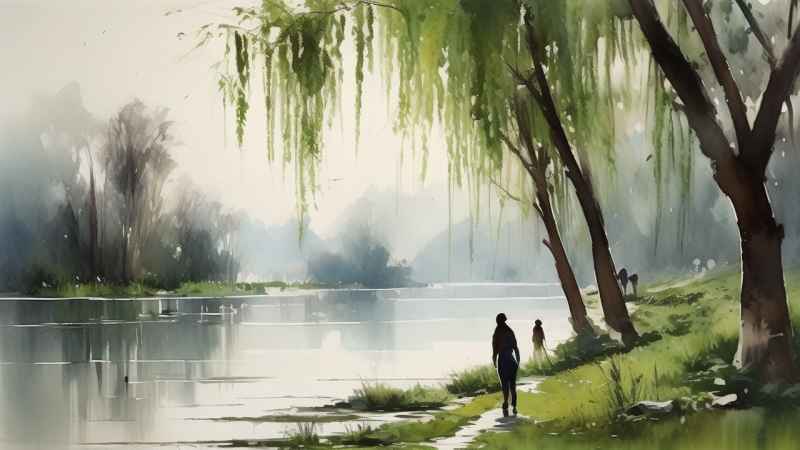 河边柳树插画风景图 1