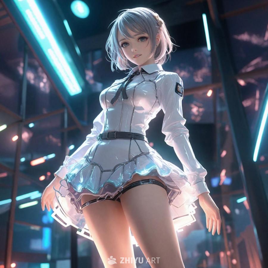 一个全身的3D全息动漫女主角。她穿着短裙，留着短发