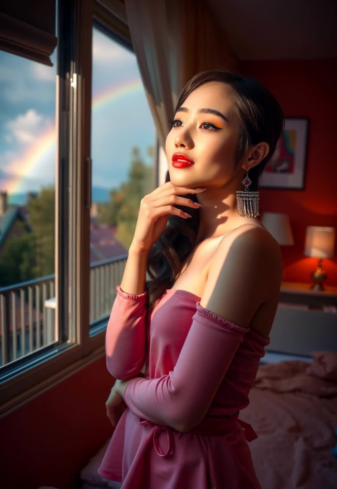 窗边粉衣女子看彩虹美景