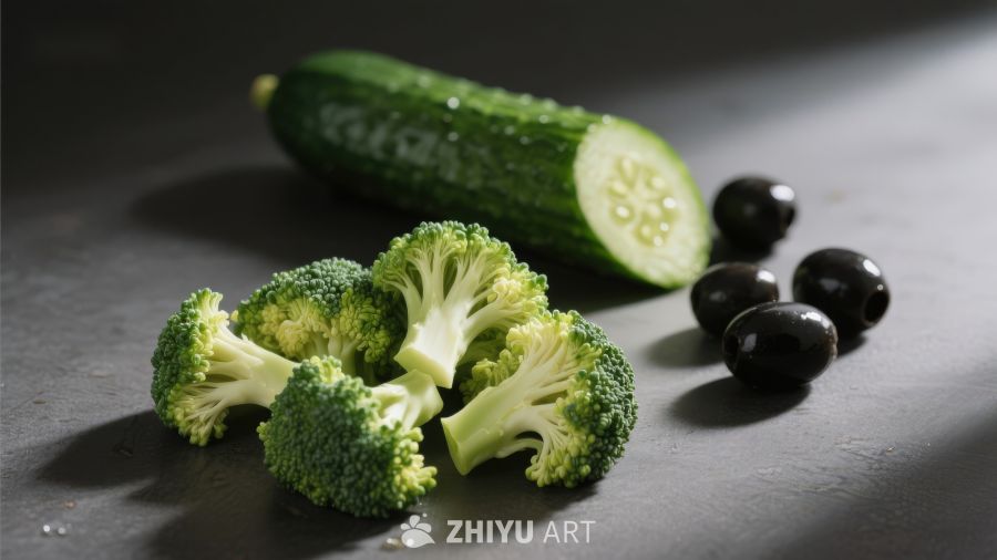 西兰花黄瓜黑橄榄静物