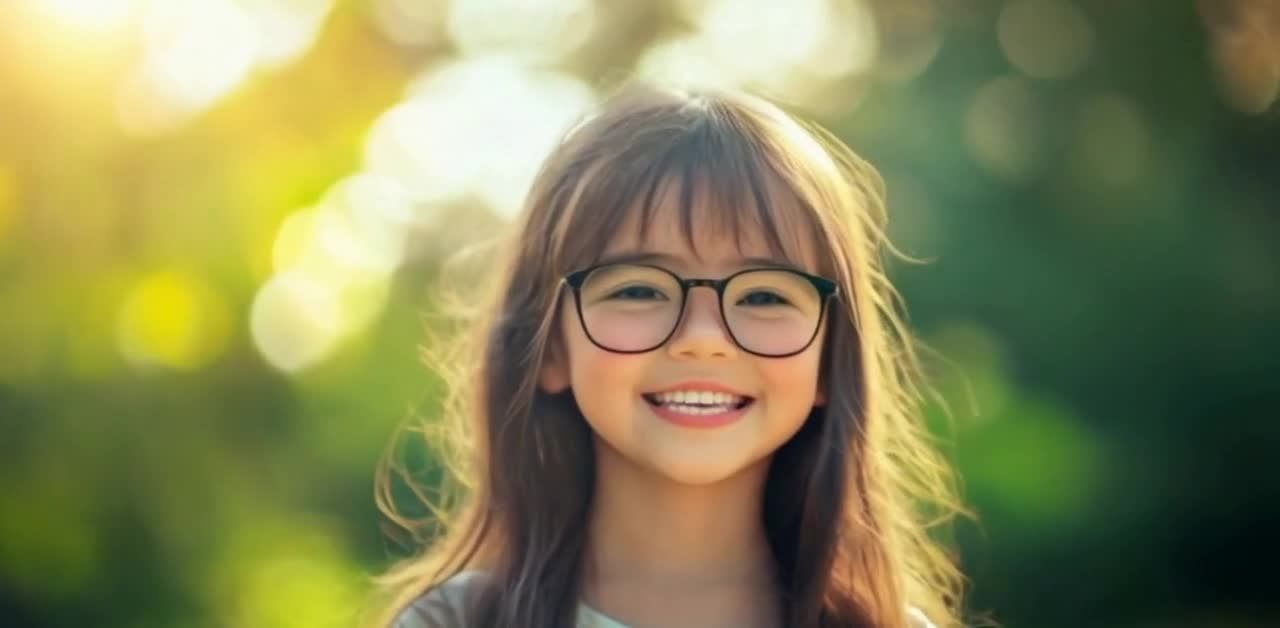 戴眼镜的小女孩阳光微笑，背景模糊光斑。