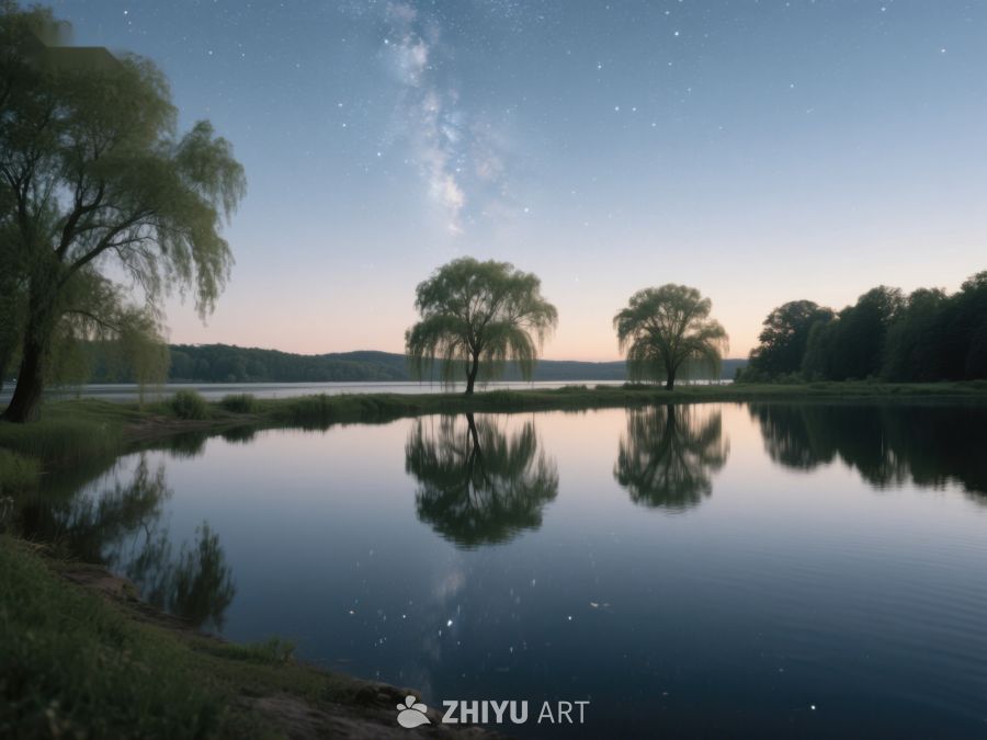 湖畔夜景，树影倒映水中 33