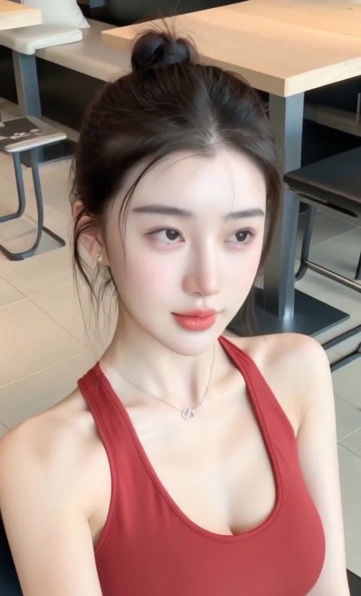 身穿红色背心年轻女子室内自拍特写，气质迷人。