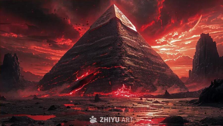 一个黑暗荒芜的场景，远处漂浮着一个巨大的倒金字塔结