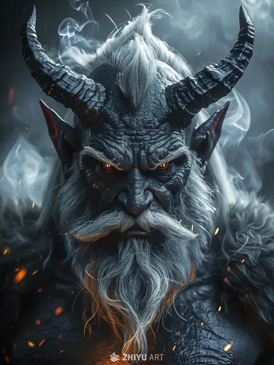 一个矮胖的、长着角的魔鬼，头发稀疏，短而灰白，胸前