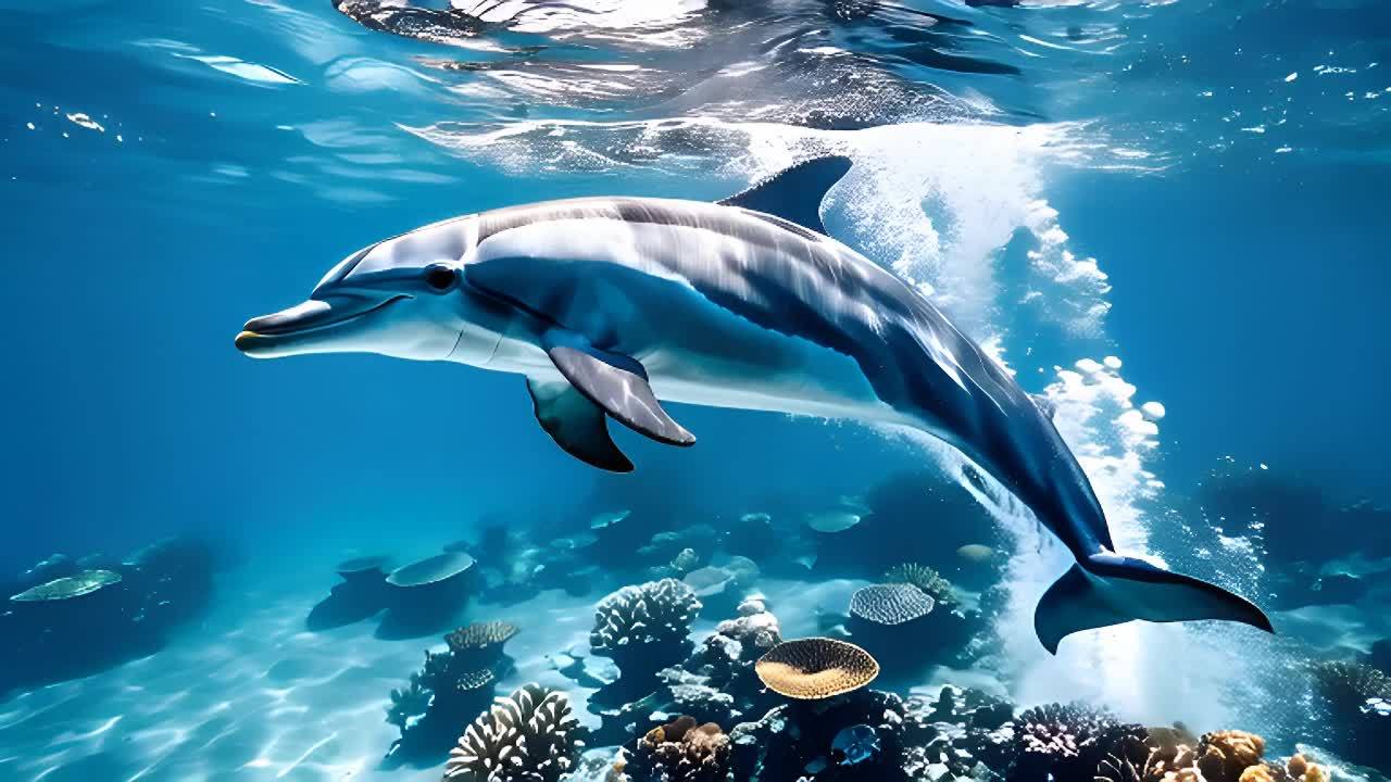 一只蓝色的海豚在水中优雅地弯曲身体，它的光滑身体在