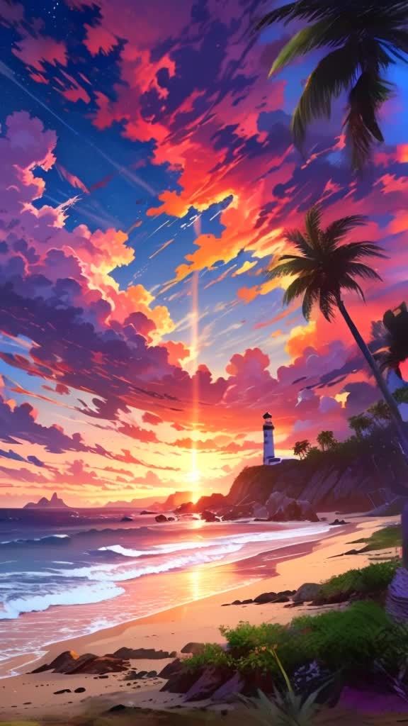 海滩上有海浪拍打着沙滩，远处的山丘上有一座灯塔，周
