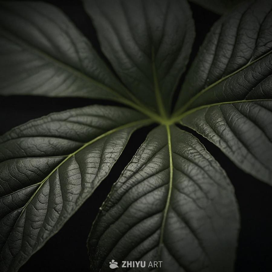 一张特写照片，展示了一片大型深绿色叶子，其表面略带