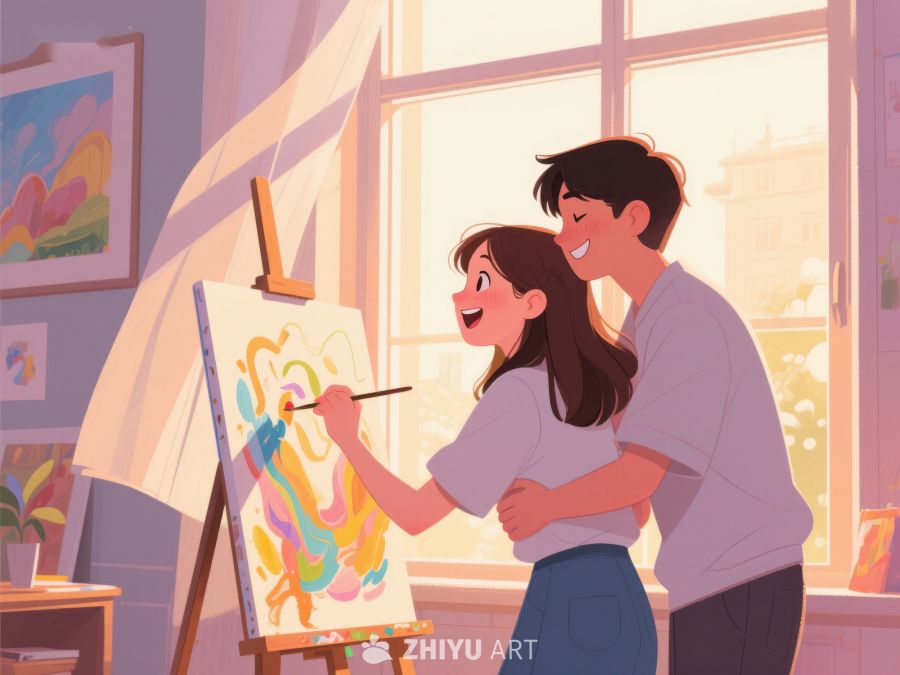 两人共同创作画作，温馨室内场景 447