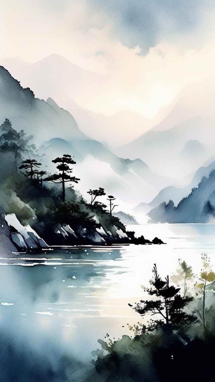 雾气缭绕水墨山水画简约风格 87