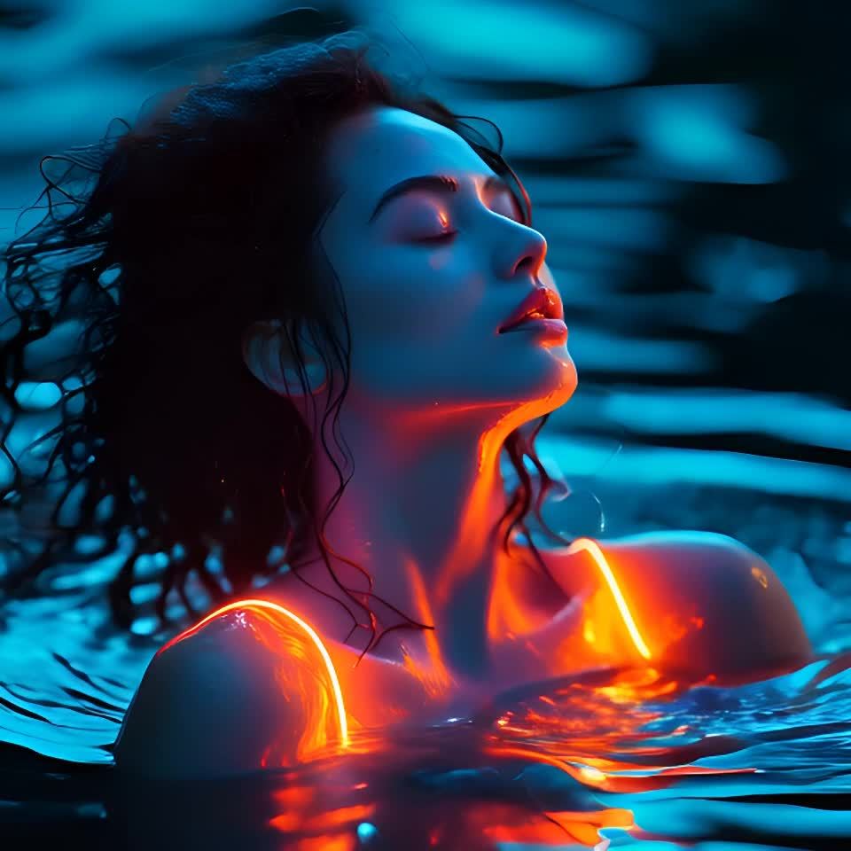 一位女性浸在水中，她穿着带有橙色亮光的细肩带上衣。