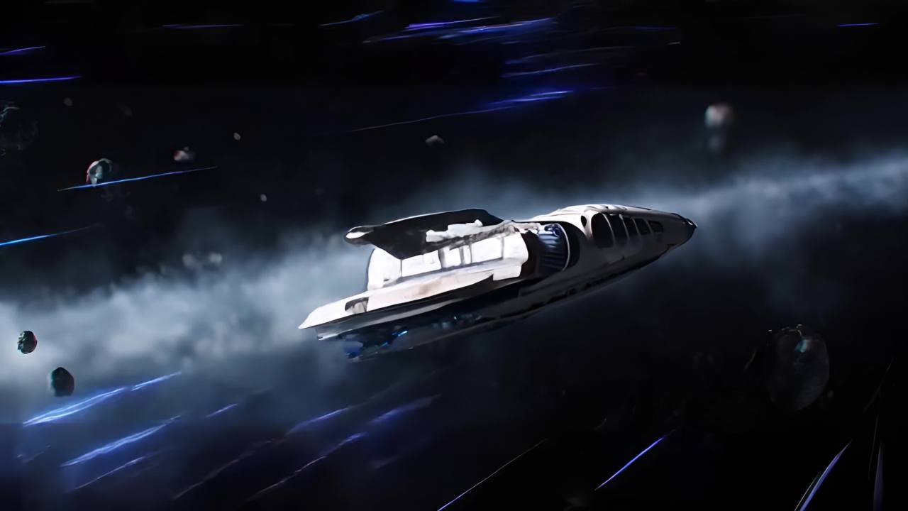 一艘宇宙飞船漂浮在太空中，周围环绕着许多小行星。飞