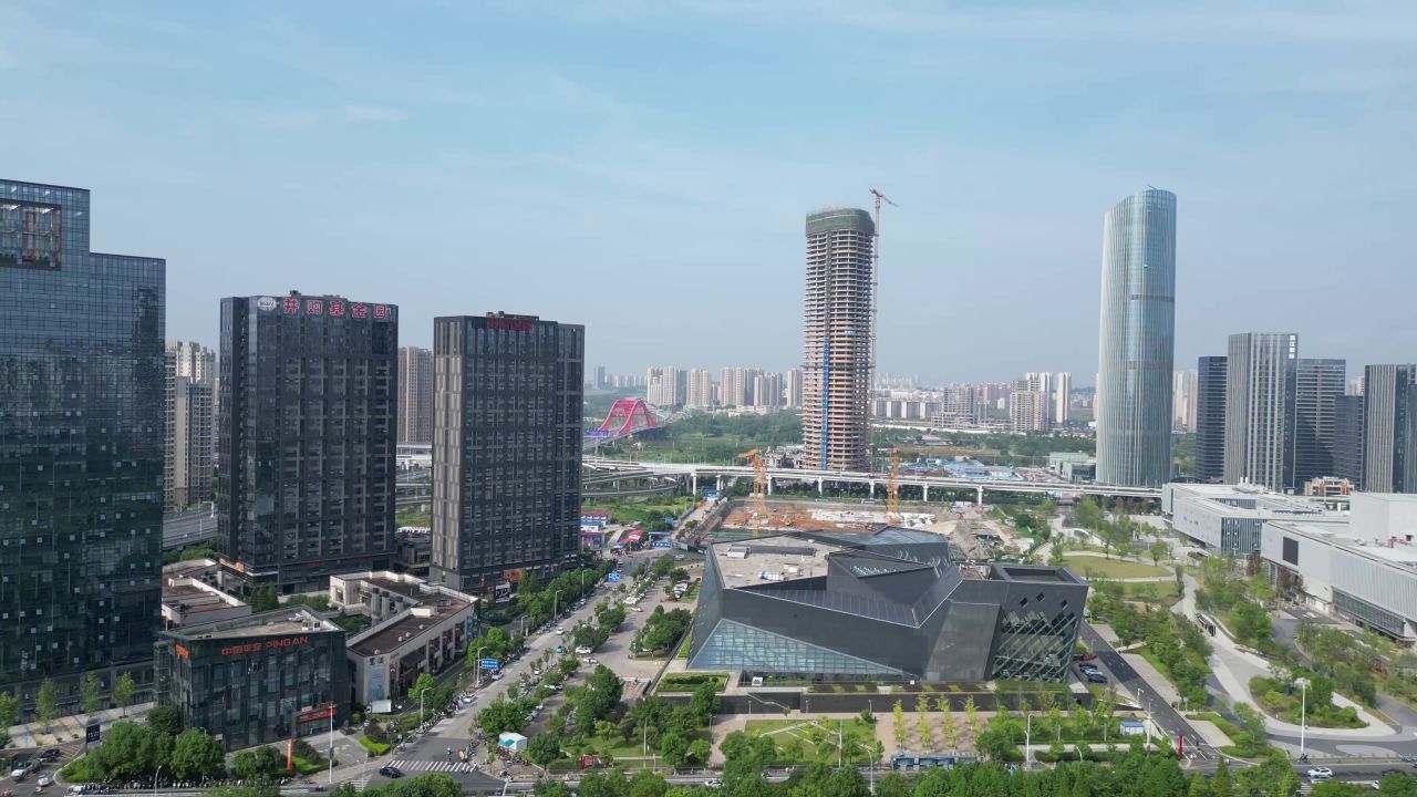  航拍江西赣州中央公园商务高楼