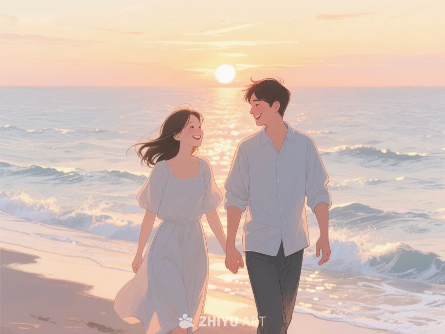 海边日落下的情侣漫步 255