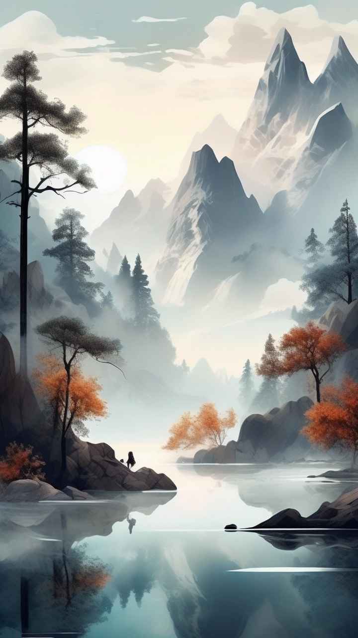 国风水彩画山水风景插画 74