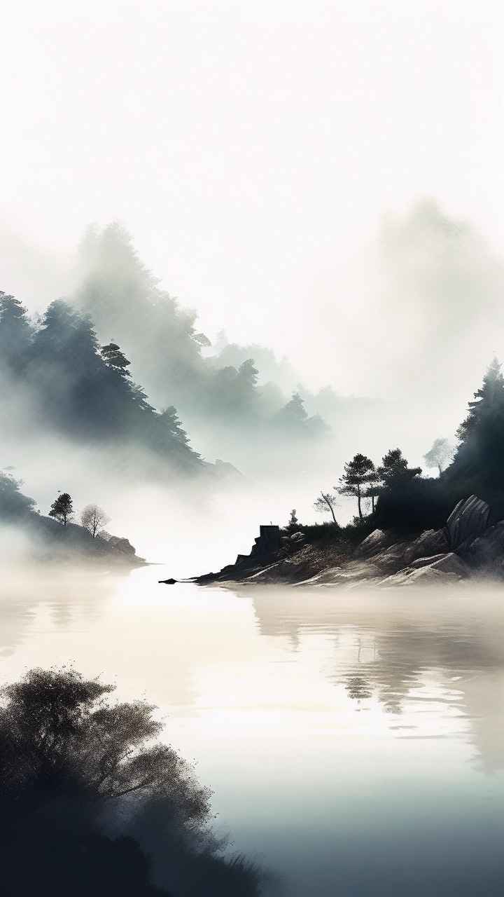 雾气缭绕水墨山水画简约风格 58