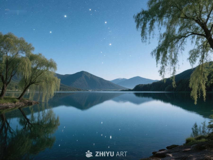 宁静湖畔夜景，星光闪烁 61