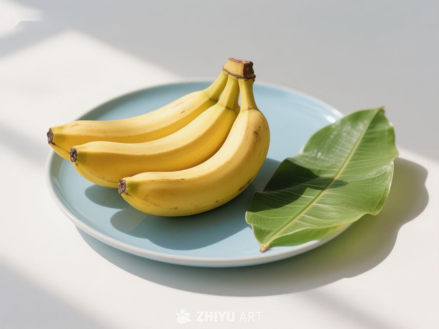 盘中香蕉与绿叶的静物组合 313