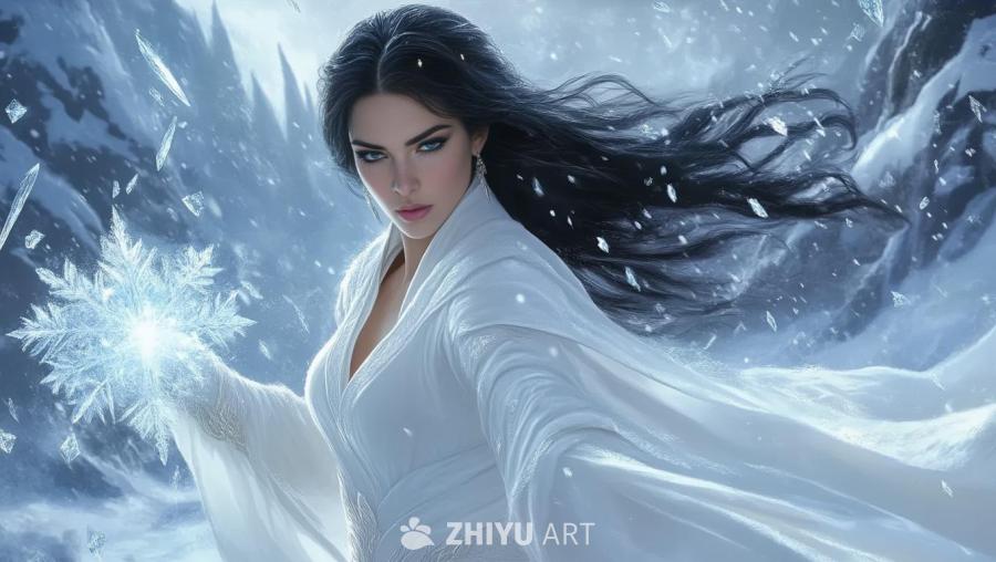 一位黑发女子身穿白色长袍，站在冰雪覆盖的背景前。她