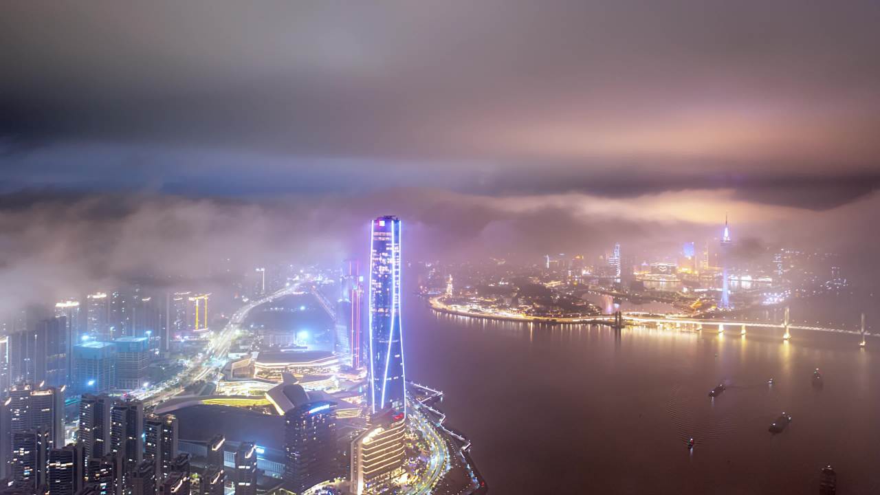 珠海空中俯瞰云海中珠海中央十字门二