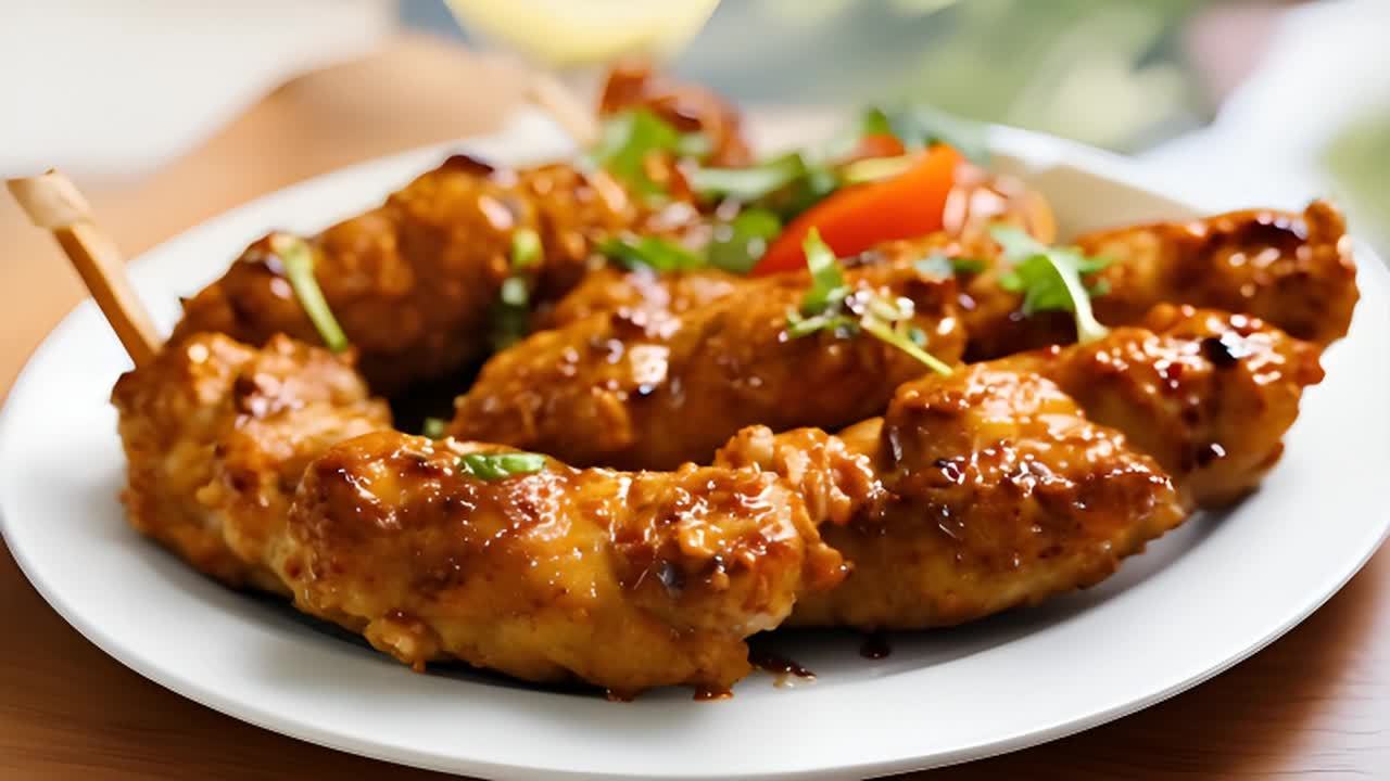 盘子里摆放着几串鸡肉烤串，鸡肉烤串表面涂有棕色的酱