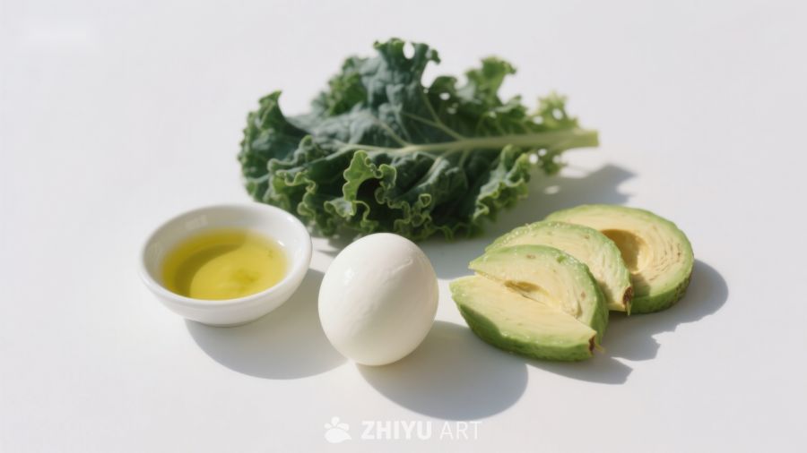 新鲜食材组合：羽衣甘蓝、牛油果与鸡蛋