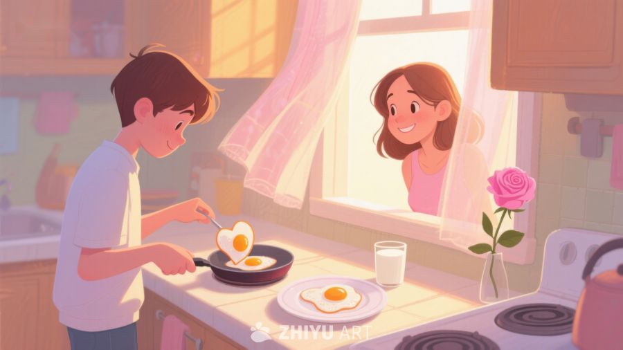厨房温馨时刻：男孩煎蛋，女孩窗边微笑 44