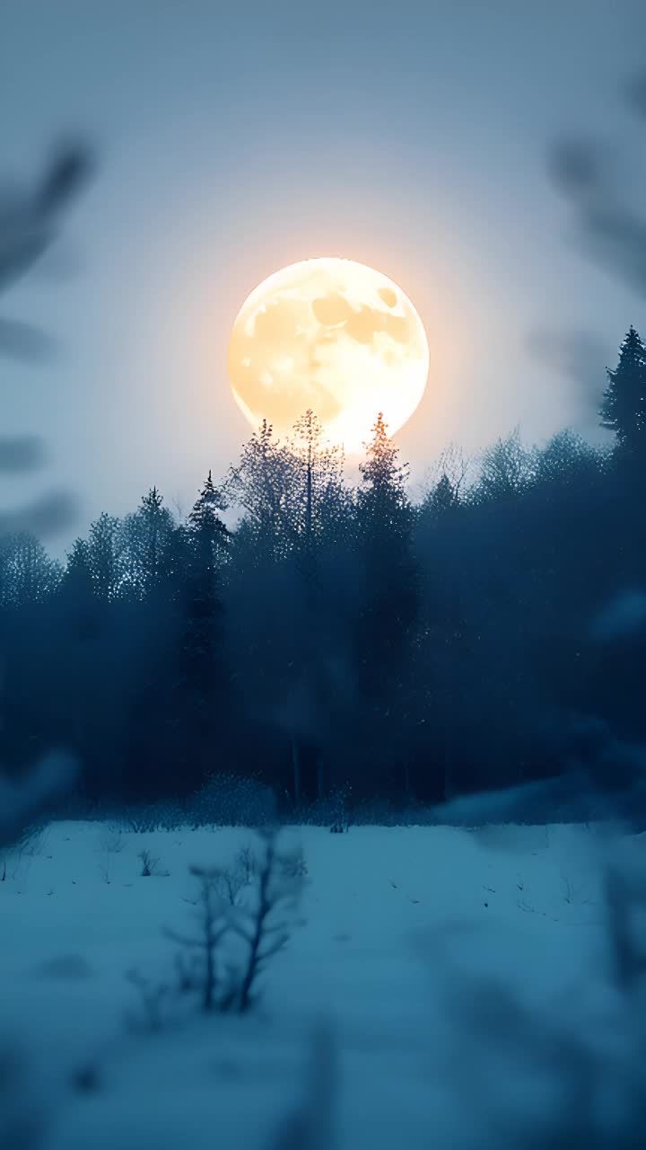 满月照亮了白雪皑皑的地形，随着它在夜空中缓慢上升，光芒逐渐增强。画面扫过原始的雪景，捕捉到月亮在闪闪发光的表面上的倒影。