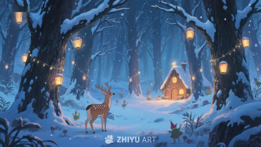 雪夜森林中的小屋与鹿 301